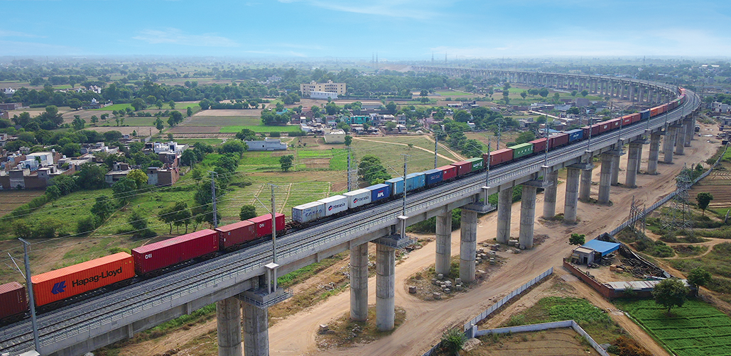 Freight Train running on 2.5 km Viaduct in WDFC CTP 14 - Integrated Project involving Civil, Track, Traction and Signaling (316 tkm)