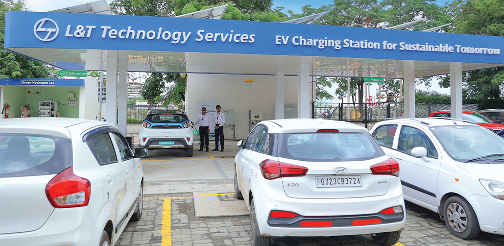 LTTS’ EV charging set up in Vadodara combining electric technologies, solar panels, invertor,
              storage battery, chargers and integrated hydrogen fuel cells